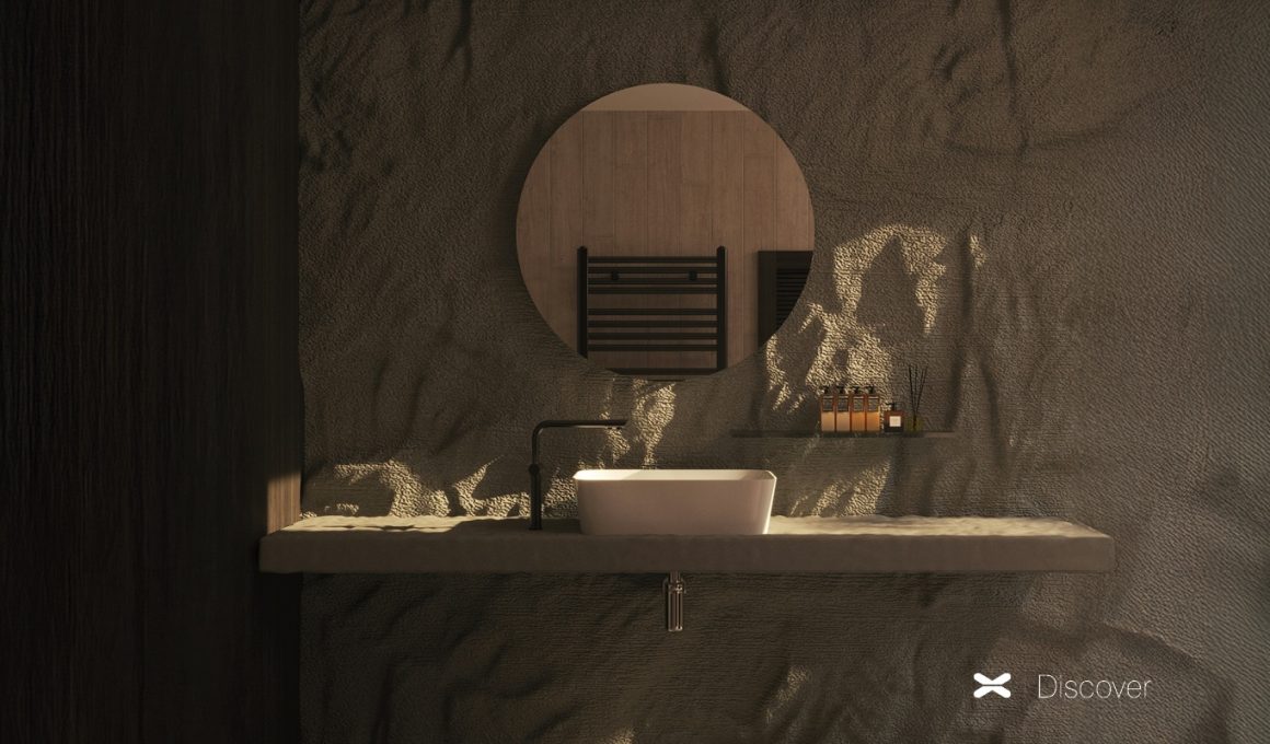 bagno colori scuri terra e texture naturali