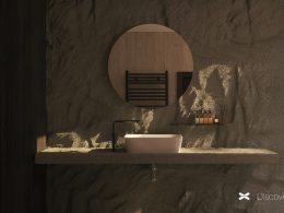 bagno colori scuri terra e texture naturali