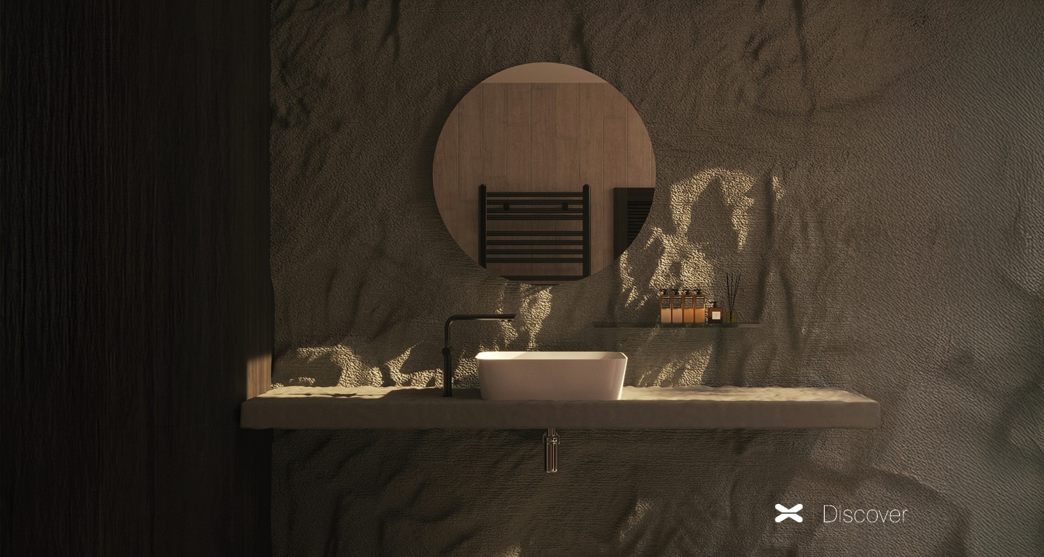 bagno colori scuri terra e texture naturali